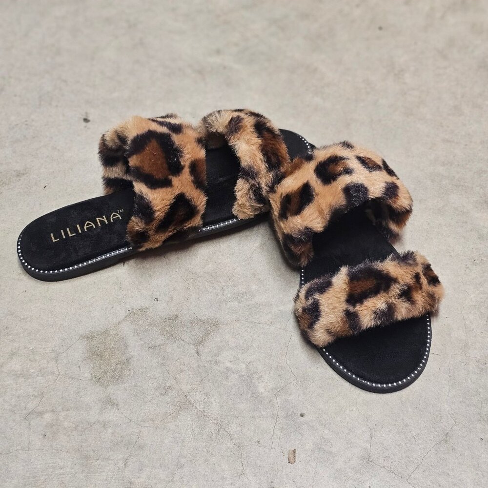 Leopard Print Faux Fur Double Strap Slides Chic Womens Indoor/Outdoor Footwear - Picture 5 of 6